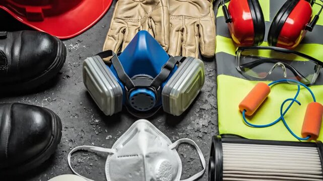 Safety equipment laid out on a gray surface including gloves, gas mask, and ear protectors for industrial use