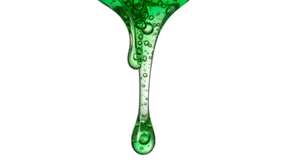 Green viscous liquid dripping with air bubbles, representing aloe vera gel, herbal extract, or cosmetic serum texture on transparent background