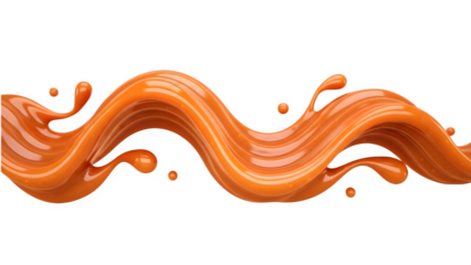 Caramel sauce splash in a dynamic flowing wave with droplets on a transparent background for food and dessert packaging design