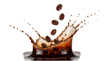 Coffee beans falling into a dynamic liquid espresso splash with droplets on a transparent background, perfect for cafe menu design and beverage advertising