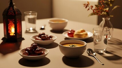 Fototapeta premium Ramadan dinner setup with food and lantern on table