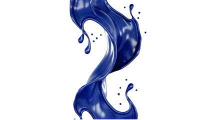 Vibrant blue liquid splash with glossy swirl and dynamic droplets on a transparent background for graphic design and advertising