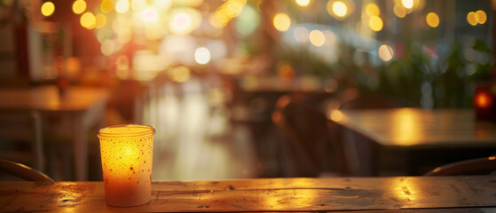The remains of a drink in a plastic cup on a night bar table highlight the problem of environmental pollution — a suitable visual for social campaigns where a contrasting backdrop 