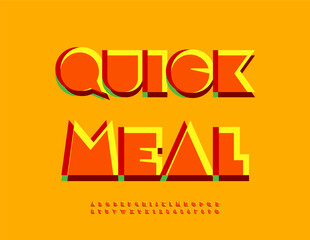 Vector Advertising poster Quick Meal. Colorful Big Geometric Font. Digital Bright Alphabet Letters and Numbers set.