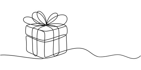 Gift box icon continuous one line drawing minimalist style isolate outline, Gift box drawing in one line art style. Schematic illustration of a present with editable stroke on a white background. © Creative Tania