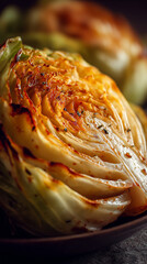 roasted cabbage on rustic wooden table, simple plating, soft window light, natural food photography