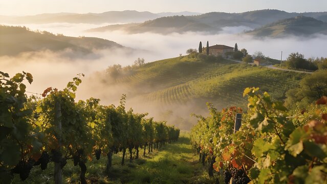passphrase. Nebbiolo grape vineyard on Piedmont hillside with morning fog and rolling hills. travel magazines, destination branding, designed for outdoor magazines and nature guides.