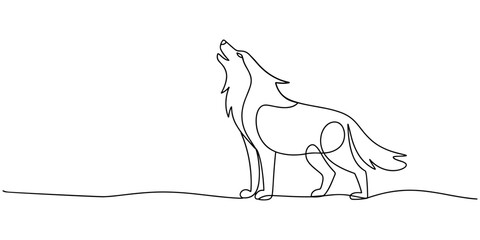 Minimalist Line Art Majestic Howling Wolf Design for Nature and Wildlife Enthusiasts, self drawing of One line drawing of wolf head in profile. Wolves mascot concept. Trendy continuous line © Creative Tania