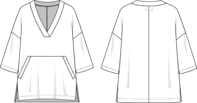 Minimalist hoodie dress fashion flat, front and back view, technical apparel illustration, oversized pullover garment, vector line art template design