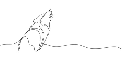 Minimalist Line Art Majestic Howling Wolf Design for Nature and Wildlife Enthusiasts, self drawing of One line drawing of wolf head in profile. Wolves mascot concept. Trendy continuous line © Creative Tania