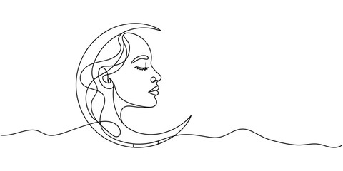 Moon continuous one line drawing in minimalist abstract style, moon with women face, self drawing of single line drawing woman sitting on crescent moon, Full length single.