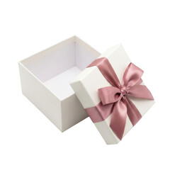 Elegant white gift box with pink ribbon on black background