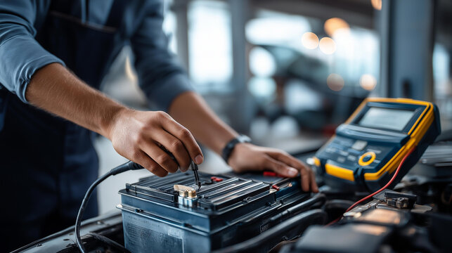Faceless technician hands working on car battery repair, automotive electrical system maintenance, battery service and replacement, vehicle power system, with copy space