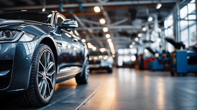 Car in auto repair shop, vehicle service facility, automotive maintenance environment, garage workshop setting, with copy space