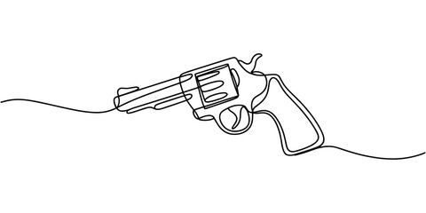 Continuous line art drawing of gun. One line drawing the gun, police gun vector illustration, Gun, weapon, handgun icon. pro Vector illustration, Pistol linear icon, white background minimal concept.