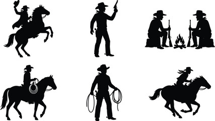 Set of cowboy silhouettes in western scenes including horse riding, campfire, lasso and gun poses, black vector illustrations isolated on white background