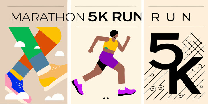 Abstract designs promoting marathon and 5k running events with dynamic visuals