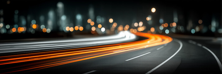 Night highway with long exposure effect. Bright light trails from car headlights against the background of blurred city lights. Traffic dynamics, speed and modern infrastructure.