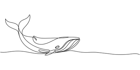 Whale tail drawing by one continuous line, blue whale drawing by one continuous line, Print Continuous one line drawing of orca whale. One line drawing illustration of whale killer fish. © Creative Tania