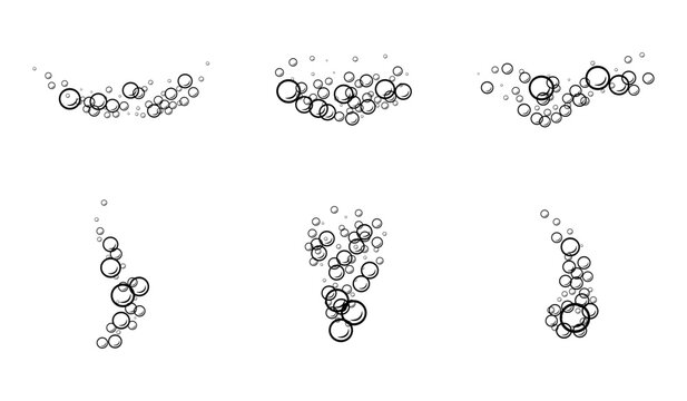 Hand-drawn water bubbles and soap foam outline icons. Doodle sketch vector illustration with fizzy carbonated drink droplets, underwater air spheres, and bath elements.