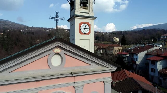 Aerial view of the Santa Maria Maddalena church with the bell tower in Ferrera di Varese village, Lombardy, Italy