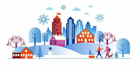 Fototapeta premium A winter cityscape with snow covered buildings and people enjoying the season