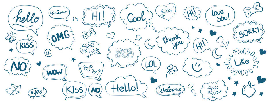 Hand drawn speech bubble doodle set with words, symbols, hearts, and chat expressions. Sketch style conversation bubbles for social media, messaging, comics, stickers, UI, and creative designs.