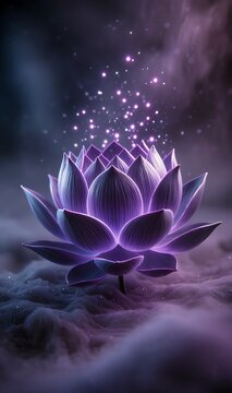Magische Lotusbl&uuml;te mit violett-blauem Leuchten und sanften Energiepartikeln