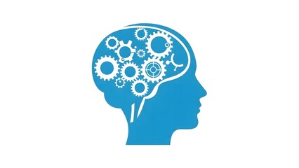 Blue Human Head Silhouette with Internal Cogwheels and Gears Representing Brain Function and Thinking Process