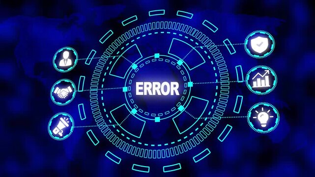Futuristic Digital Network with World Map Background and Icons Representing System Errors glitch technical issue