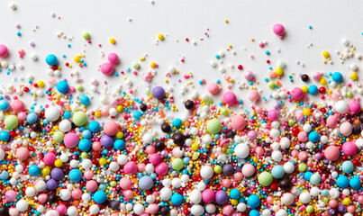 Assorted colorful round sugar pearls and sprinkles on white background
