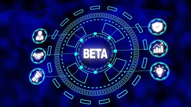 Digital network interface with BETA text in the center and global map background beta technology