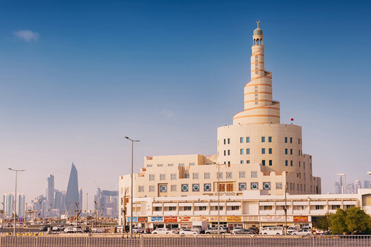 29 November 2025, Doha, Qatar: Towering spiral minaret of Sheikh Abdulla Bin Zaid Al Mahmoud Islamic Cultural Center