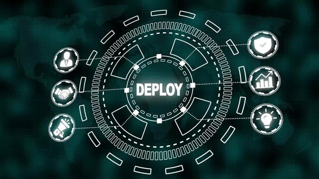 Digital network interface with DEPLOY text in the center and global map background deploy technology