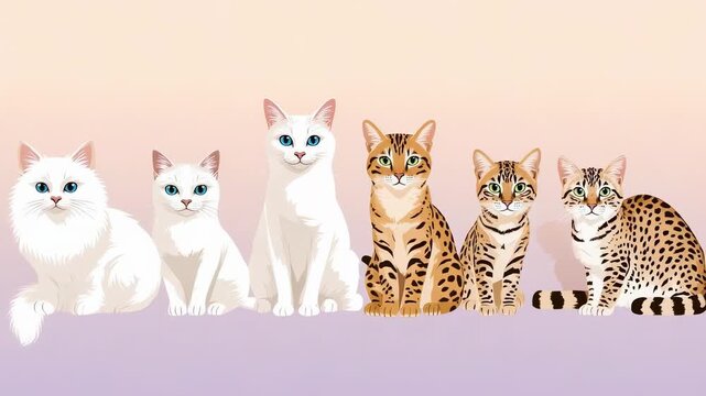 Charming cats of various breeds are sitting in a row illustration animation