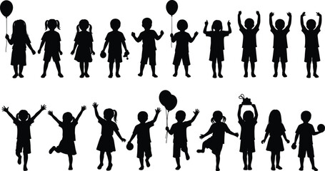 Large Collection of Happy Children Silhouettes Featuring Boys and Girls Playing with Balloons and Balls Isolated on White Background for Youthful Design Projects