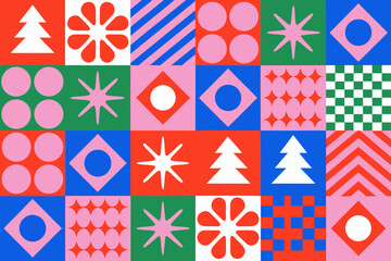 colorful geometric shapes and christmas trees in a grid pattern