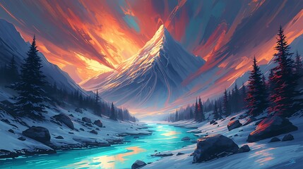 Vibrant mountain landscape with snowy peaks and river