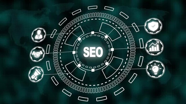 SEO Concept Displayed on a Futuristic Digital Interface with Global Map and Business Icons search engine optimization
