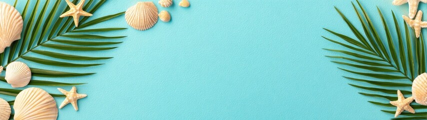 Tropical beach relaxation scene with shells and palm leaves coastal environment aesthetic viewpoint