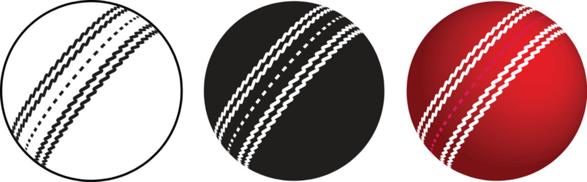 Cricket ball vector illustration set&ndash; Flat hard leather red ball with seam and spin. Sports equipment and icon design.