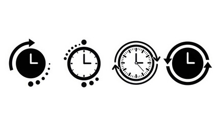 Four different clock faces with arrows pointing to the time