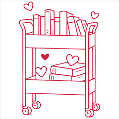 Love Book Cart Illustration, Hand Drawn Valentine Book Clipart, Cute Book Lover design, Romantic Hand-Drawn bookish Graphic