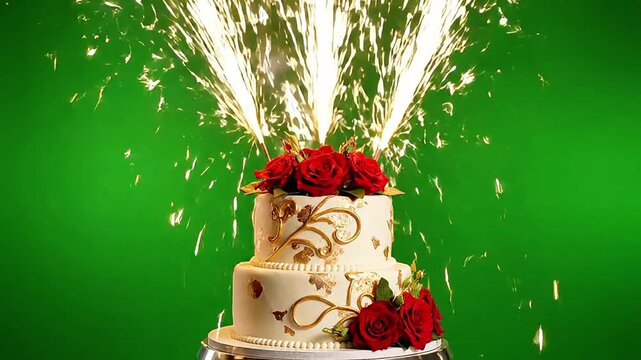 Elegant white wedding cake with red roses and gold decorations celebrating with sparkling fireworks