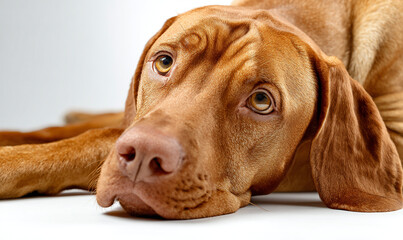 Mournful Vizsla Dog Resting Chin on Floor with Soft Studio Lighting