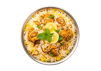 saffron rice pilaf bowl with lemon, mint, fried onions