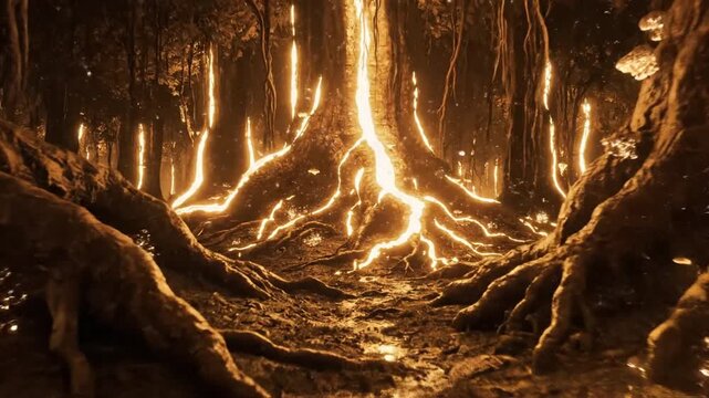 Golden luminescence pulses through the intricate root systems of a primeval jungle, a vibrant testament to nature's hidden power, casting an otherworldly glow