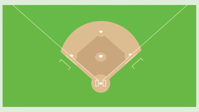 Overhead view of a baseball field with bases and a pitcher's mound on a green grassy surface.