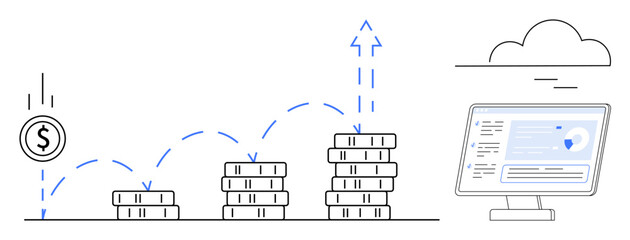 Fototapeta premium Economic growth, business analytics, investment strategy, financial planning, banking, digital economy. Stacks of coins and a computer monitor with data. Economic growth and business analytics