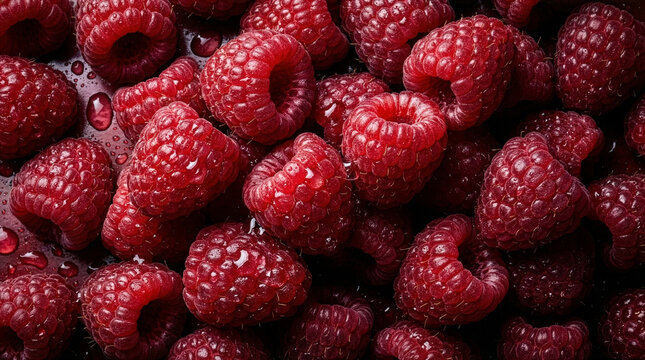Saturated red raspberries with velvety texture and water beads